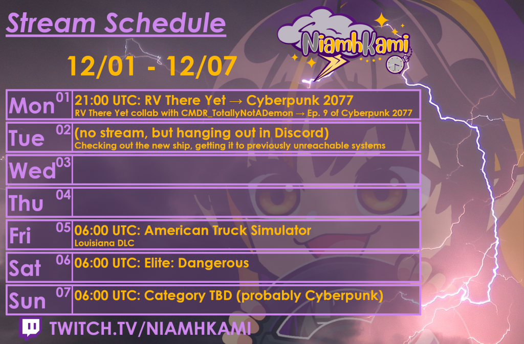 21:00 UTC 12/01 - RV There Yet with CMDR_TotallyNotADemon, then Cyberpunk 2077
12/02 - no stream, but hanging out in Discord, getting Caspian Explorer to new unreachable systems.
06:00 UTC 12/05 - American Truck Simulator, Louisiana DLC
06:00 UTC 12/06 - Elite: Dangerous
06:00 UTC 12/07 - Category TBD (probably Cyberpunk)